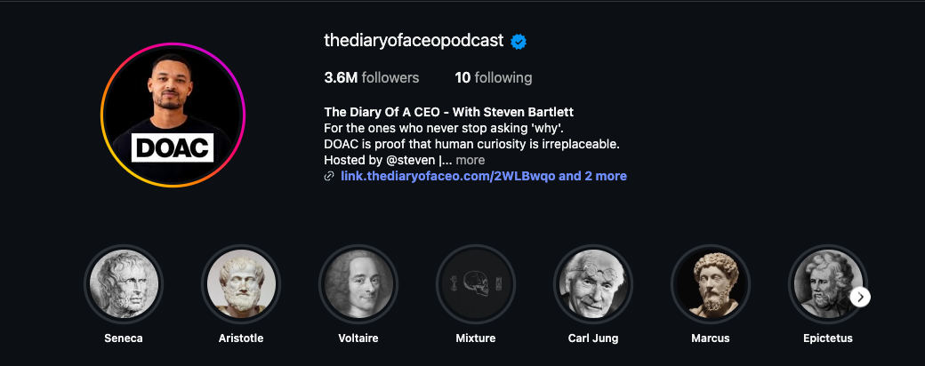 Instagram profile of thediaryofaceopodcast, 3.6M followers